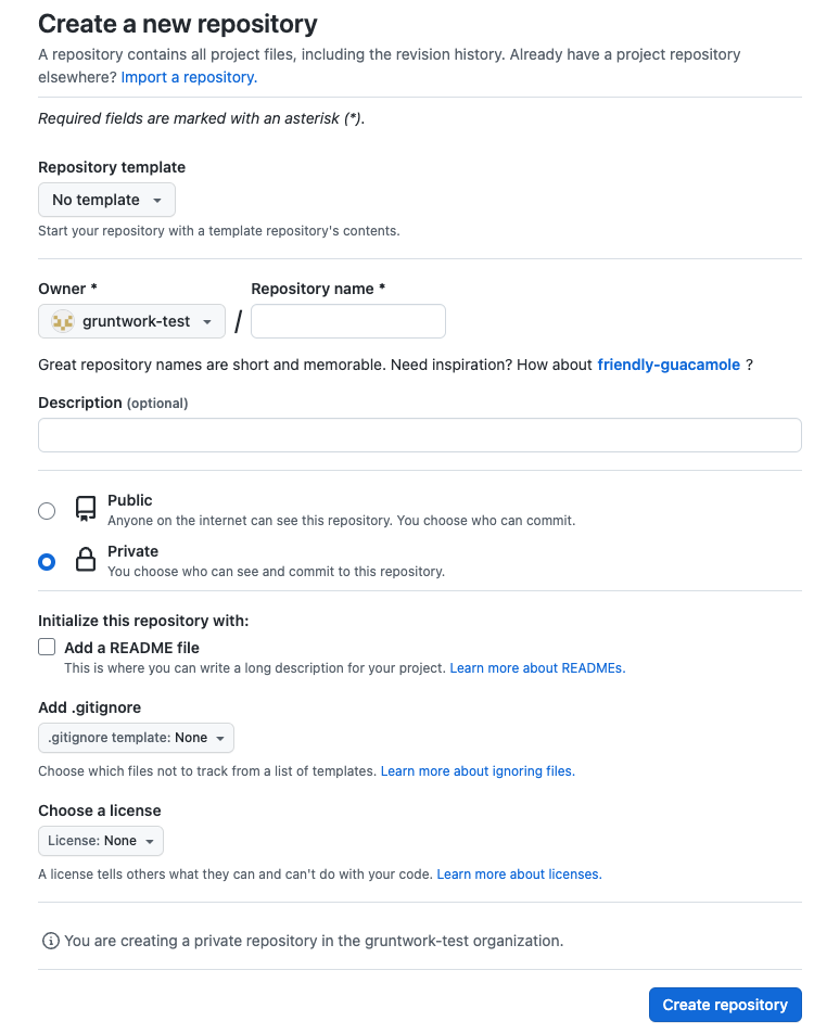 GitHub form for creating a new repository
